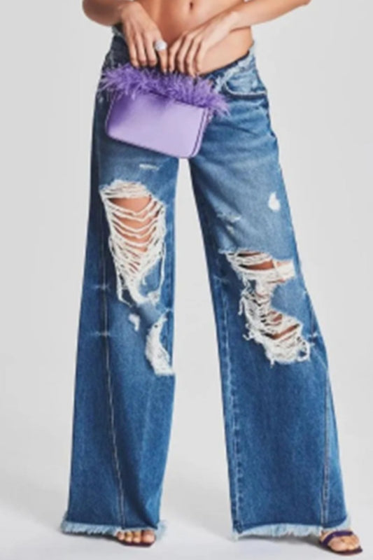 Casual Solid Ripped Patchwork Mid Waist Regular Denim Jeans (Subject To The Actual Object)(5 Colors)
