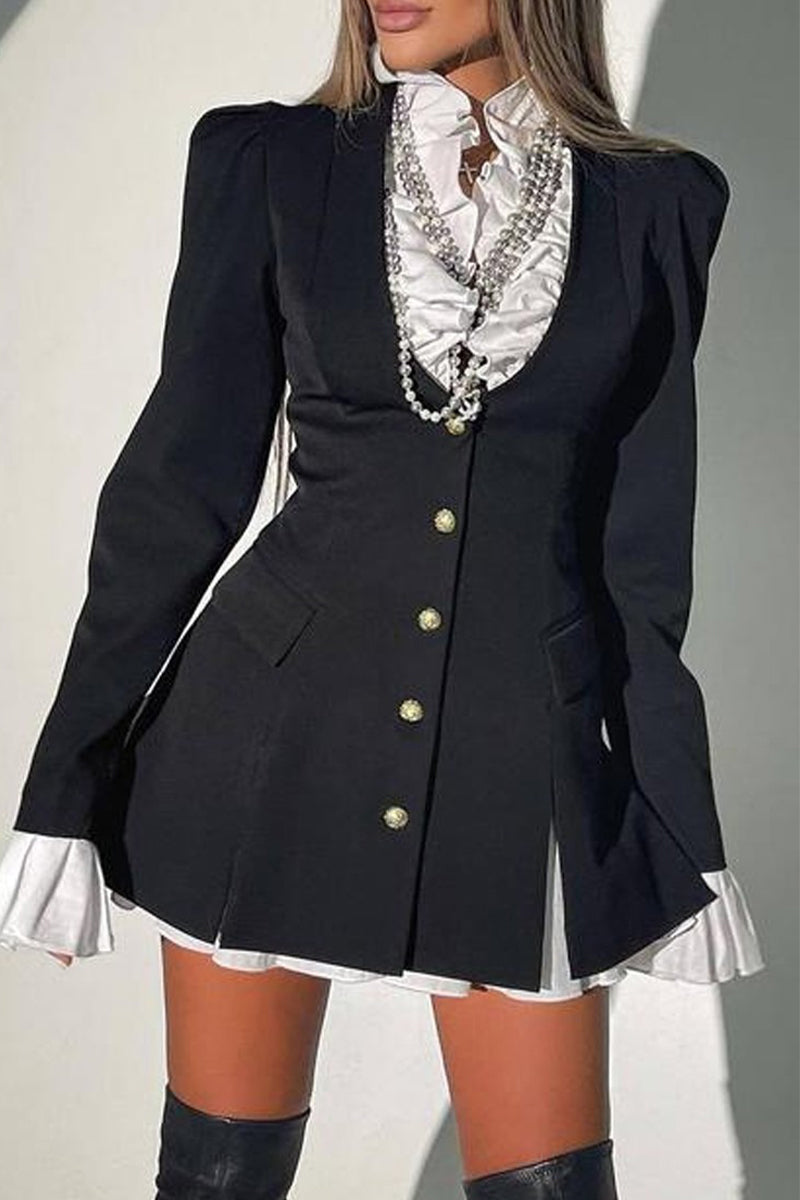 Elegant Solid Patchwork Asymmetrical Collar A Line Dresses