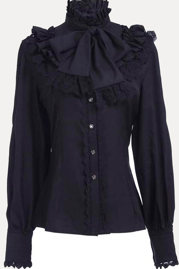 British Style Solid Lace With Bow Turtleneck Tops