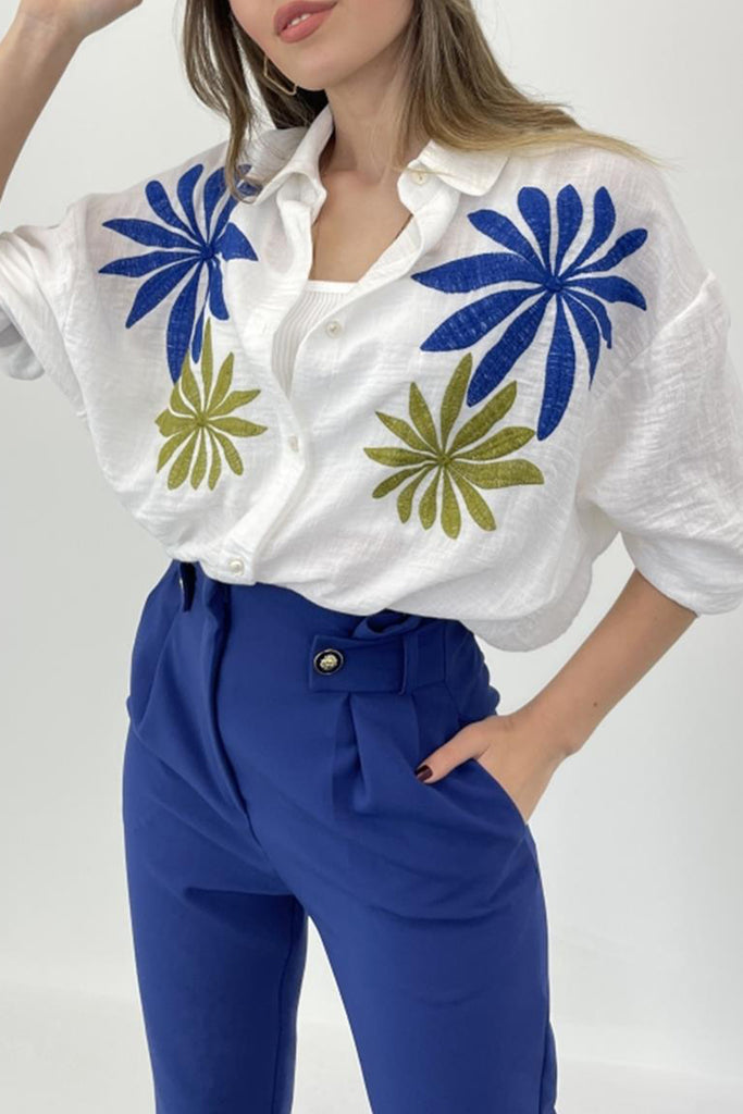 Casual Floral Patchwork Turndown Collar Tops
