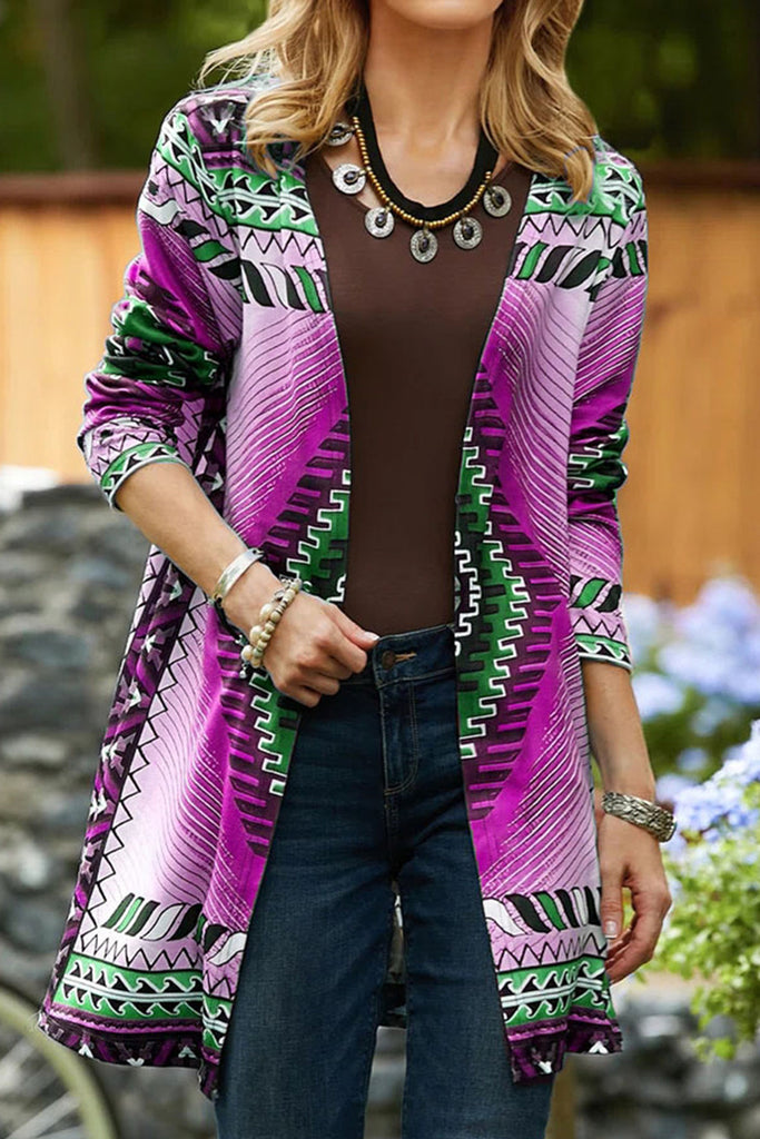 Casual College Geometric Printing Cardigan Collar Outerwear(5 Colors)