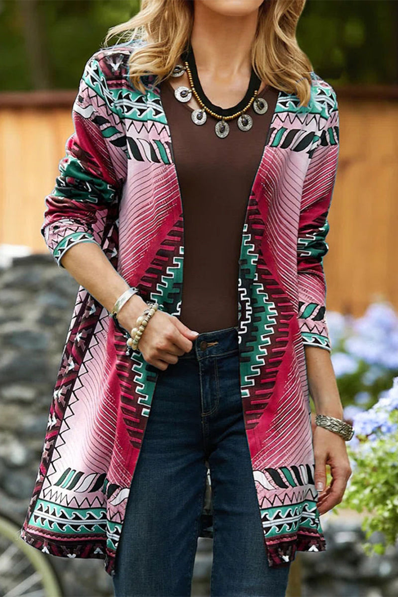 Casual College Geometric Printing Cardigan Collar Outerwear(5 Colors)