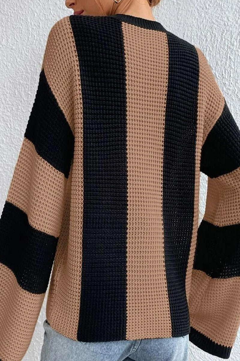 Casual Striped Contrast O Neck Tops