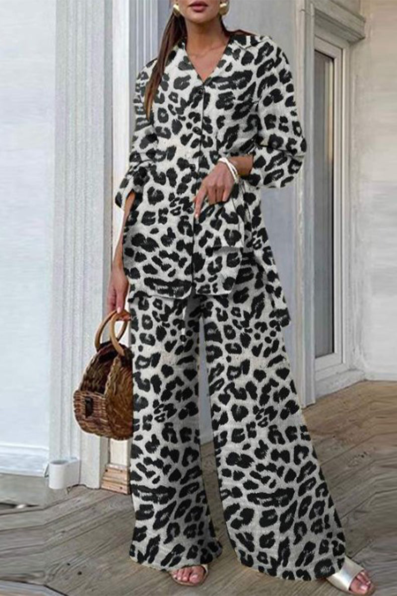 Casual Leopard Patchwork Turndown Collar Long Sleeve Two Pieces(3 Colors)