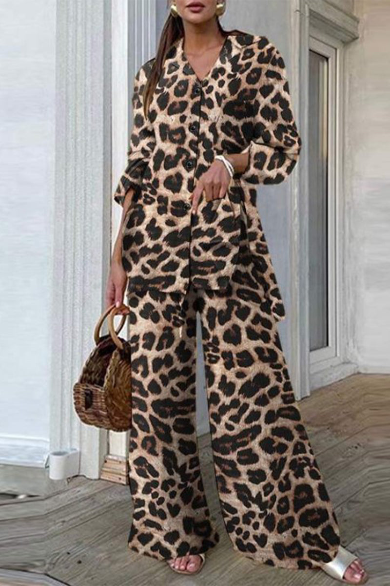 Casual Leopard Patchwork Turndown Collar Long Sleeve Two Pieces(3 Colors)