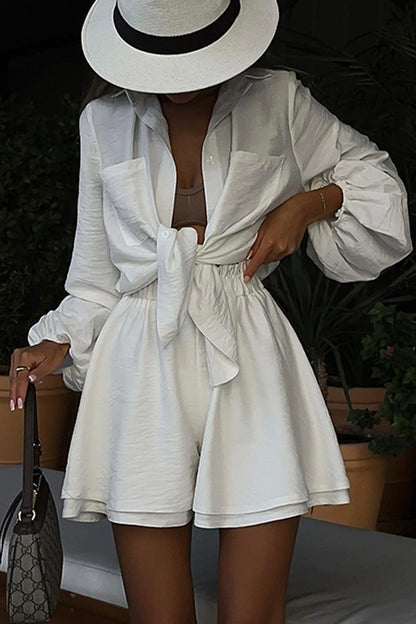 Sweet Solid Turndown Collar Long Sleeve Two Pieces