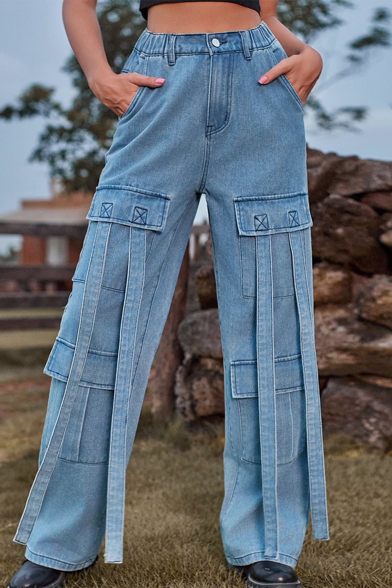 Street Solid Pocket Loose Denim Jeans