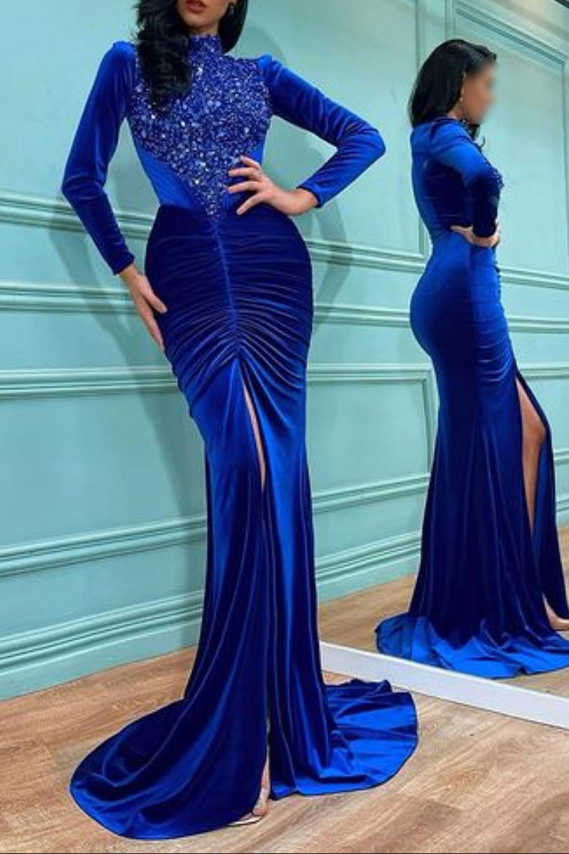 Elegant Solid Embroidered Sequins Half A Turtleneck Evening Dress Dresses