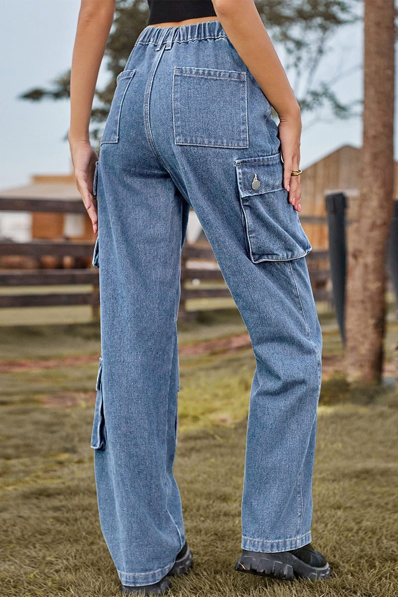 Street Solid Pocket Mid Waist Loose Denim Jeans
