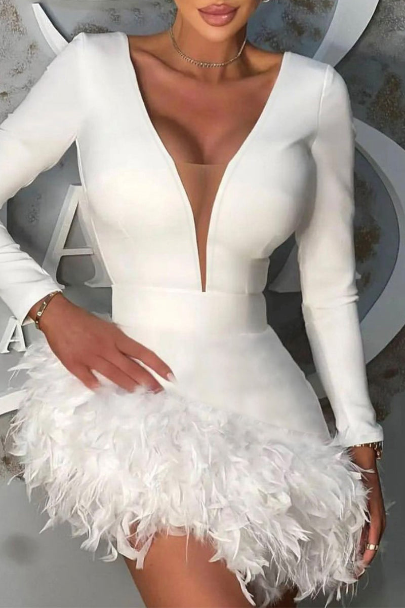 Sexy Formal Solid Feathers V Neck Wrapped Skirt Dresses