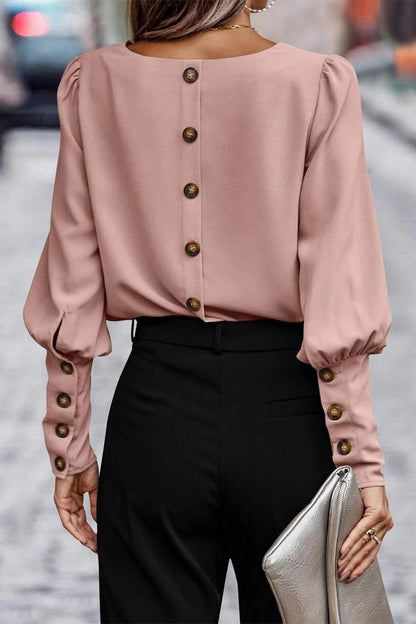Elegant Solid Buttons O Neck Tops