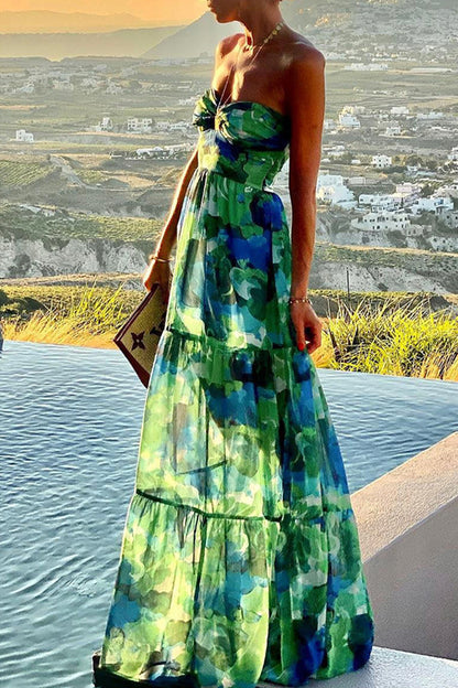 Elegant Vacation Print Patchwork Strapless Strapless Dress Dresses