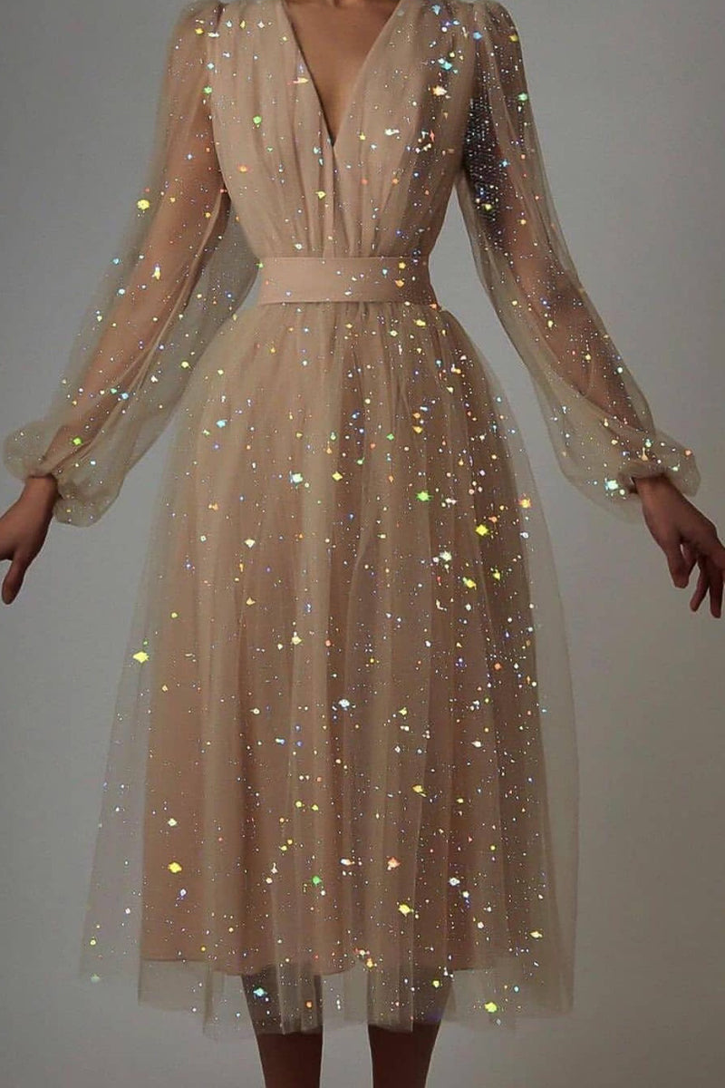 Elegant Bronzing Sequined V Neck Evening Dress Dresses