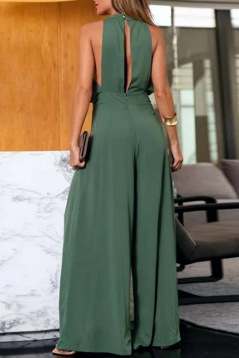 Casual Solid Hollowed Out Backless O Neck Regular Jumpsuits