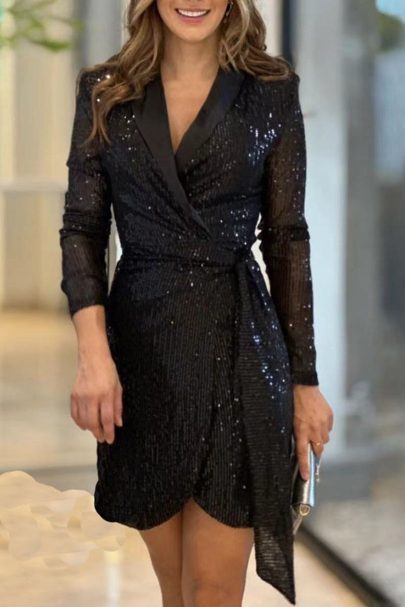 Sexy Solid Sequined V Neck Wrapped Skirt Dresses