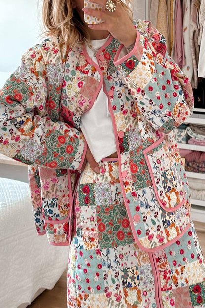 Sweet Print Floral Patchwork U Neck Outerwear