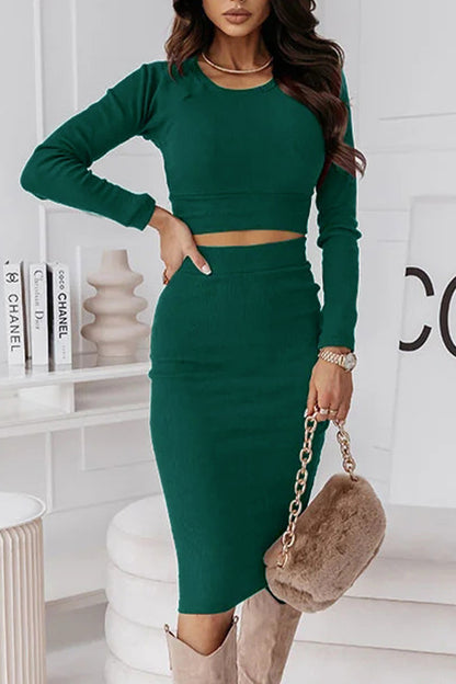 Elegant Solid O Neck Long Sleeve Two Pieces(3 Colors)