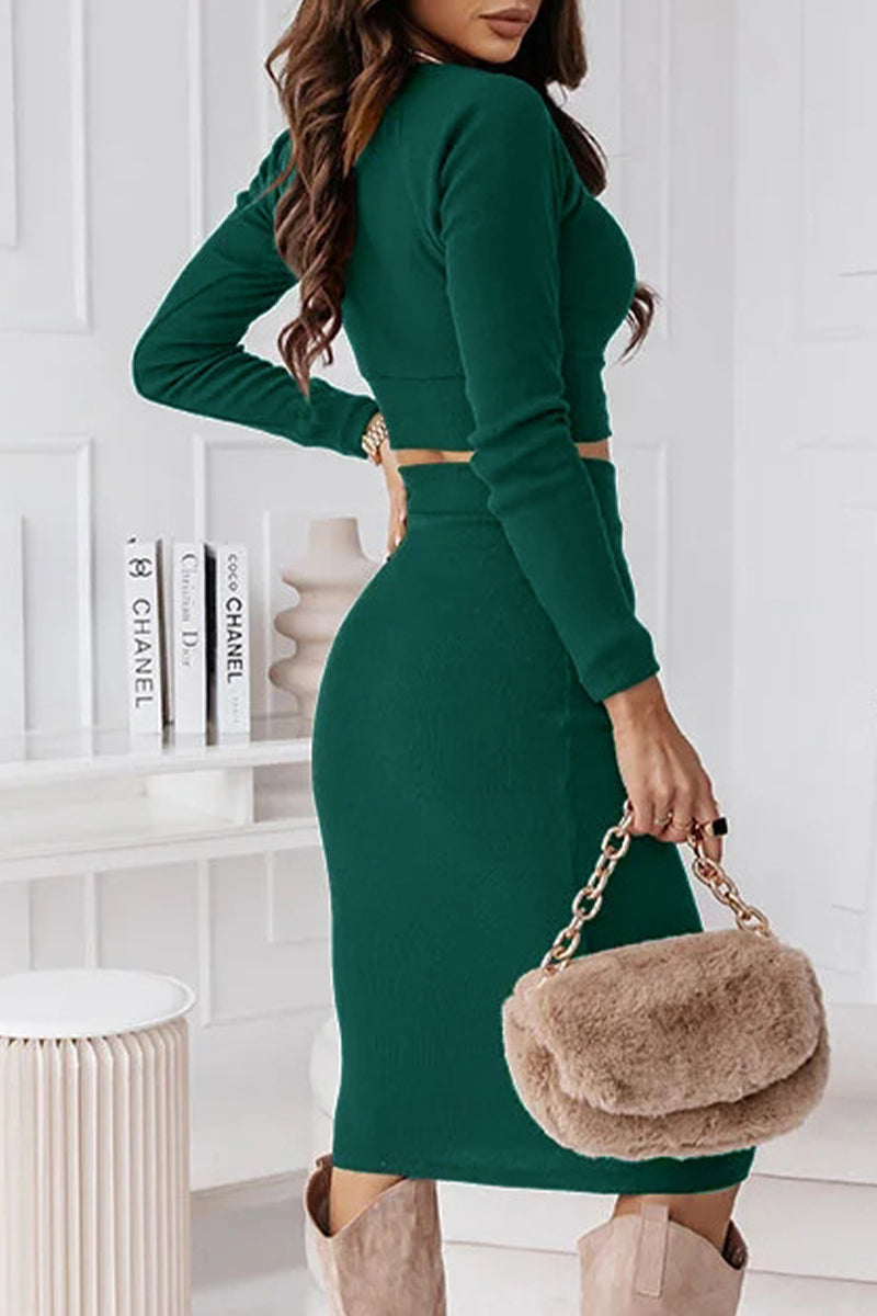 Elegant Solid O Neck Long Sleeve Two Pieces(3 Colors)