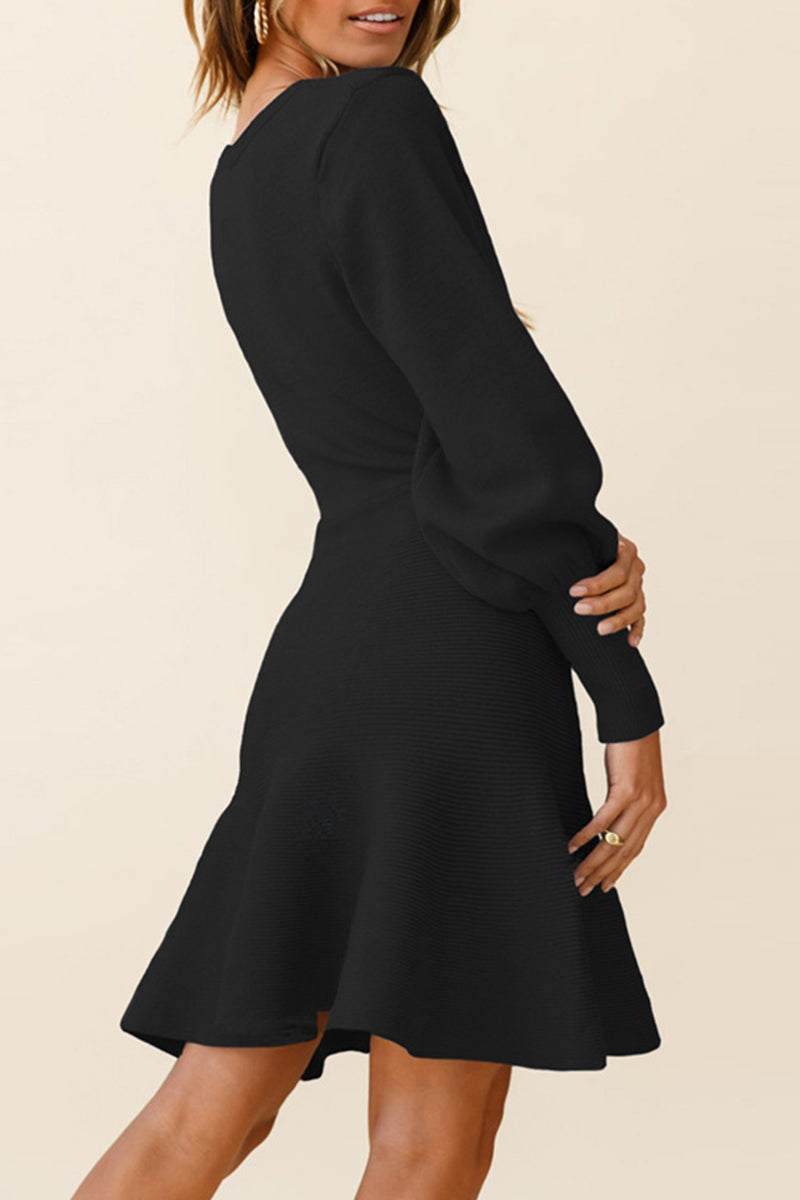 Elegant Solid Patchwork O Neck Waist Skirt Dresses