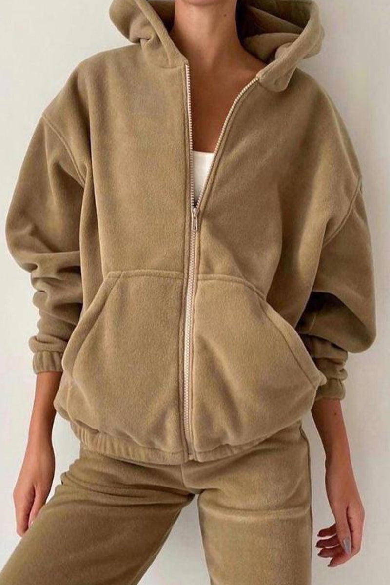 Casual Solid Zipper Hooded Collar Long Sleeve Two Pieces