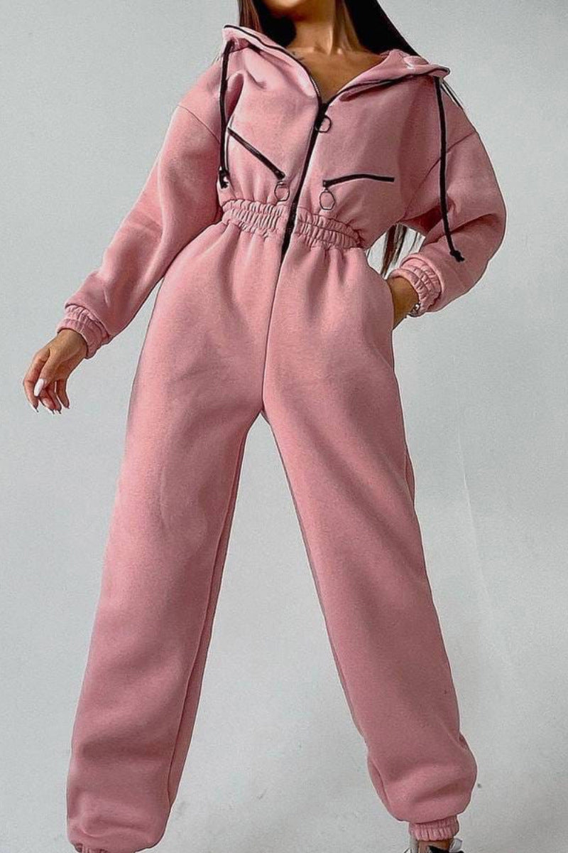 Street Solid Patchwork Hooded Collar Jumpsuits