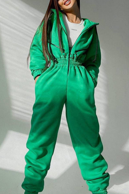 Street Solid Patchwork Hooded Collar Jumpsuits