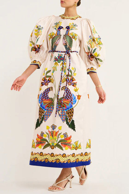 Casual Bohemian Print Patchwork O Neck One Step Skirt Dresses
