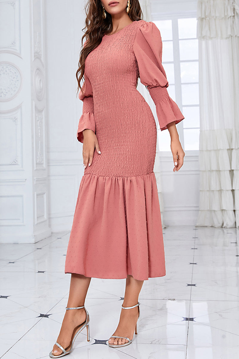 Elegant Solid Fold O Neck Wrapped Skirt Dresses