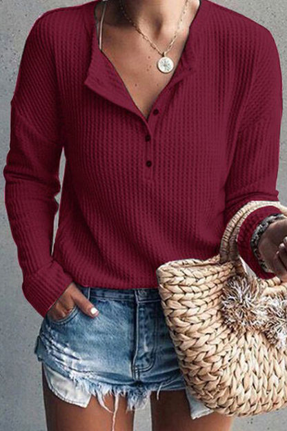 Casual Solid Buttons O Neck Tops(8 Colors)