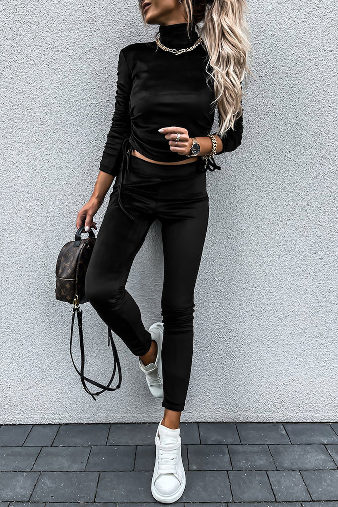 Casual Daily Solid Draw String Fold Turtleneck Long Sleeve Two Pieces