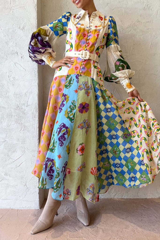 Bohemian Elegant Geometric Print With Belt Contrast Turndown Collar Irregular Dress Dresses