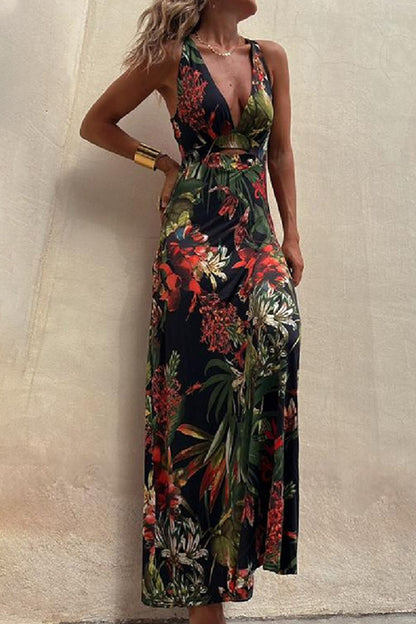 Sexy Vacation Floral Backless V Neck Printed Dress Dresses(3 Colors)