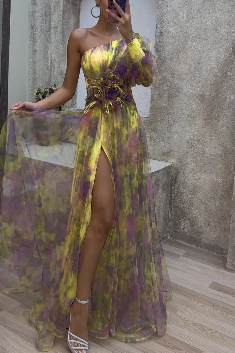 Elegant Floral Patchwork Oblique Collar Printed Dress Dresses(3 Colors)