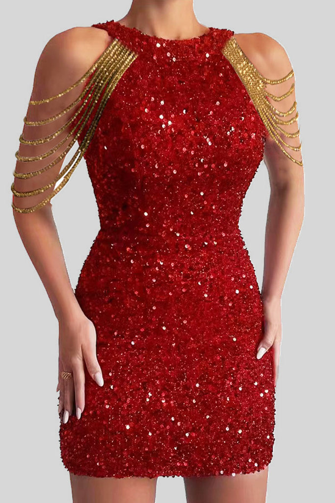 Sexy Elegant Solid Sequins Patchwork Chains O Neck Pencil Skirt Dresses