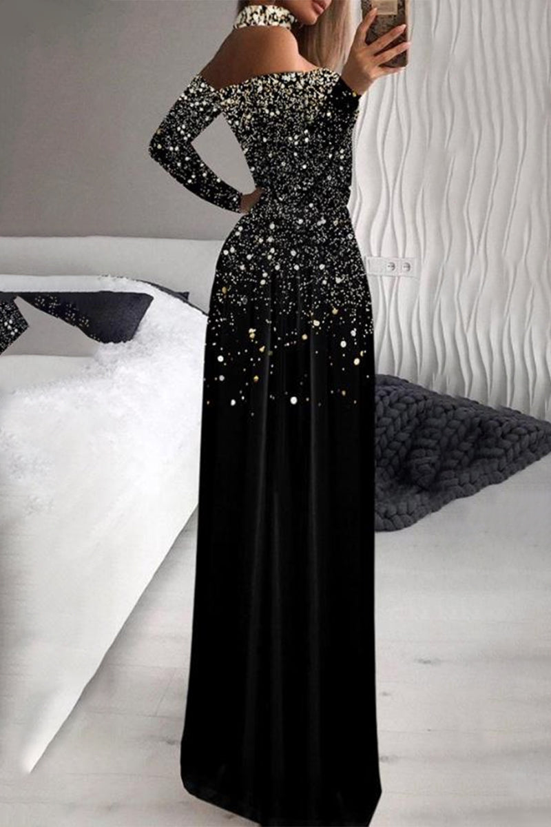 Elegant Formal Print Slit Sequined Turtleneck Evening Dress Dresses(Pattern Printing Is Not Sequins)