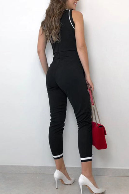Casual Striped Contrast O Neck Regular Jumpsuits