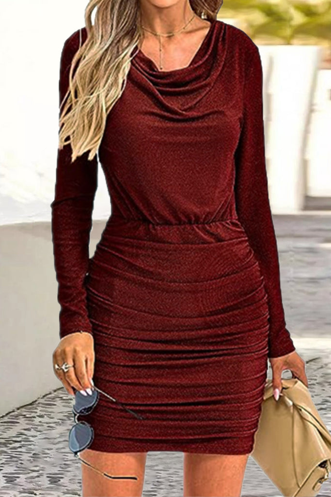 Sexy Party Solid Fold Sequined Scarf Collar Wrapped Skirt Dresses(6 Colors)