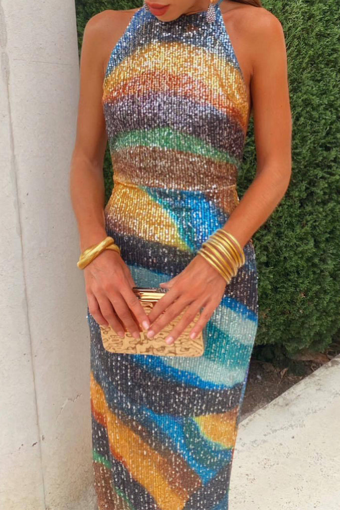 Sexy Party Color Block Contrast Halter Wrapped Skirt Dresses