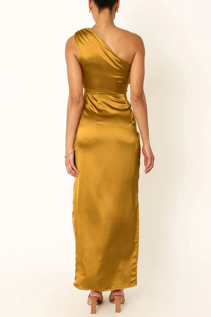 Sexy Formal Solid Slit Fold Oblique Collar Irregular Dress Dresses