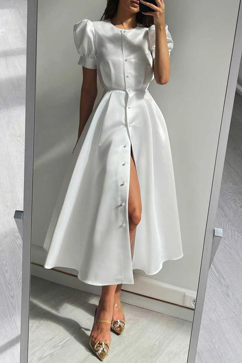 Elegant Solid Buckle O Neck A Line Short Sleeve Dress(5 Colors)