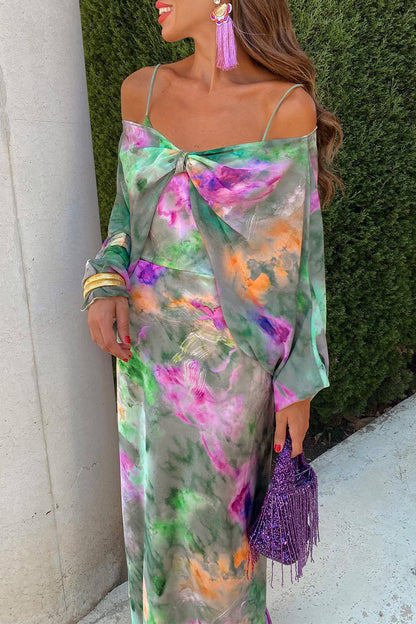 Elegant Floral Contrast Off the Shoulder Long Sleeve Two Pieces