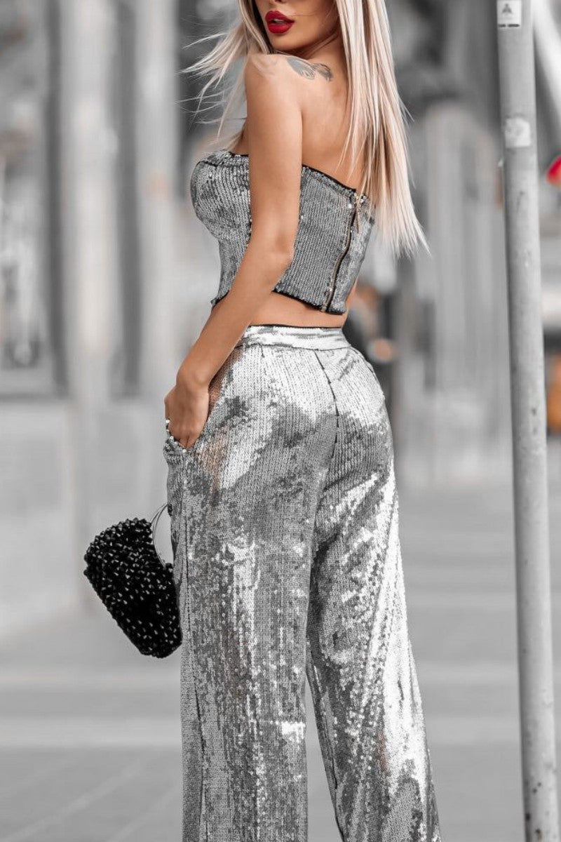 Sexy Casual Patchwork Sequins Backless Strapless Sleeveless Two Pieces