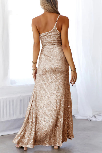 Sexy Formal Solid Sequins Slit Oblique Collar Evening Dress Dresses