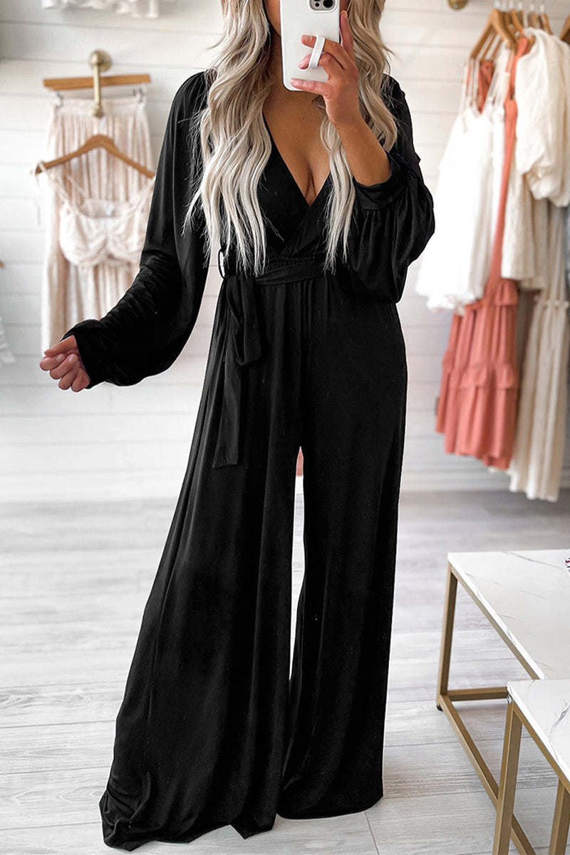 Sexy Solid Bandage V Neck Loose Jumpsuits