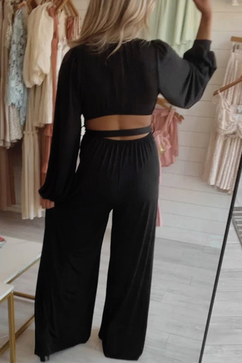 Sexy Solid Bandage V Neck Loose Jumpsuits